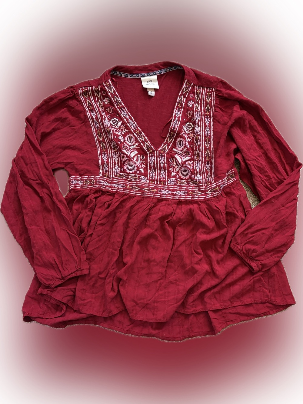 Knox Rose Embroidered V-Neck Tunic - Deep Red